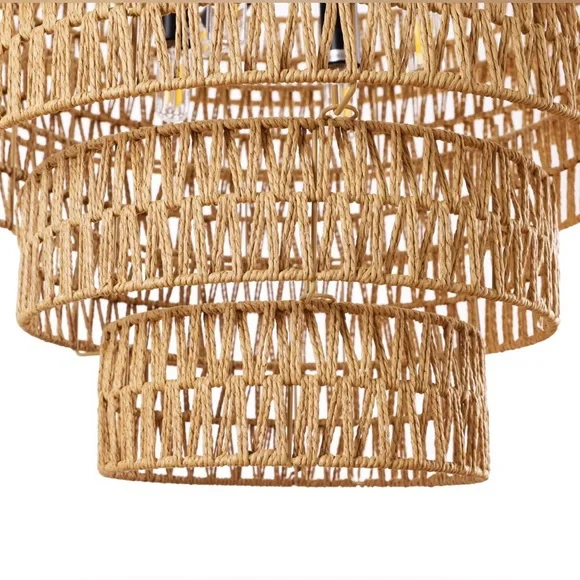 8-Light Dimmable Hand-Woven Rattan Tiered Chandelier - Picture 7 of 10